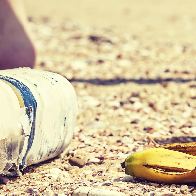 A plastic bottle and banana skin left on the ground outside