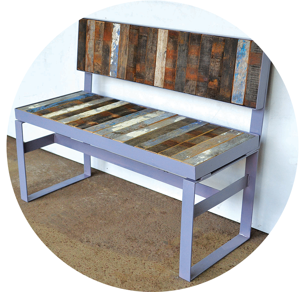 Recycled wood turned into bench with grey metal frame